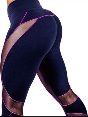 High-Waist Navy Mesh Panel Leggings with Pink Trim
